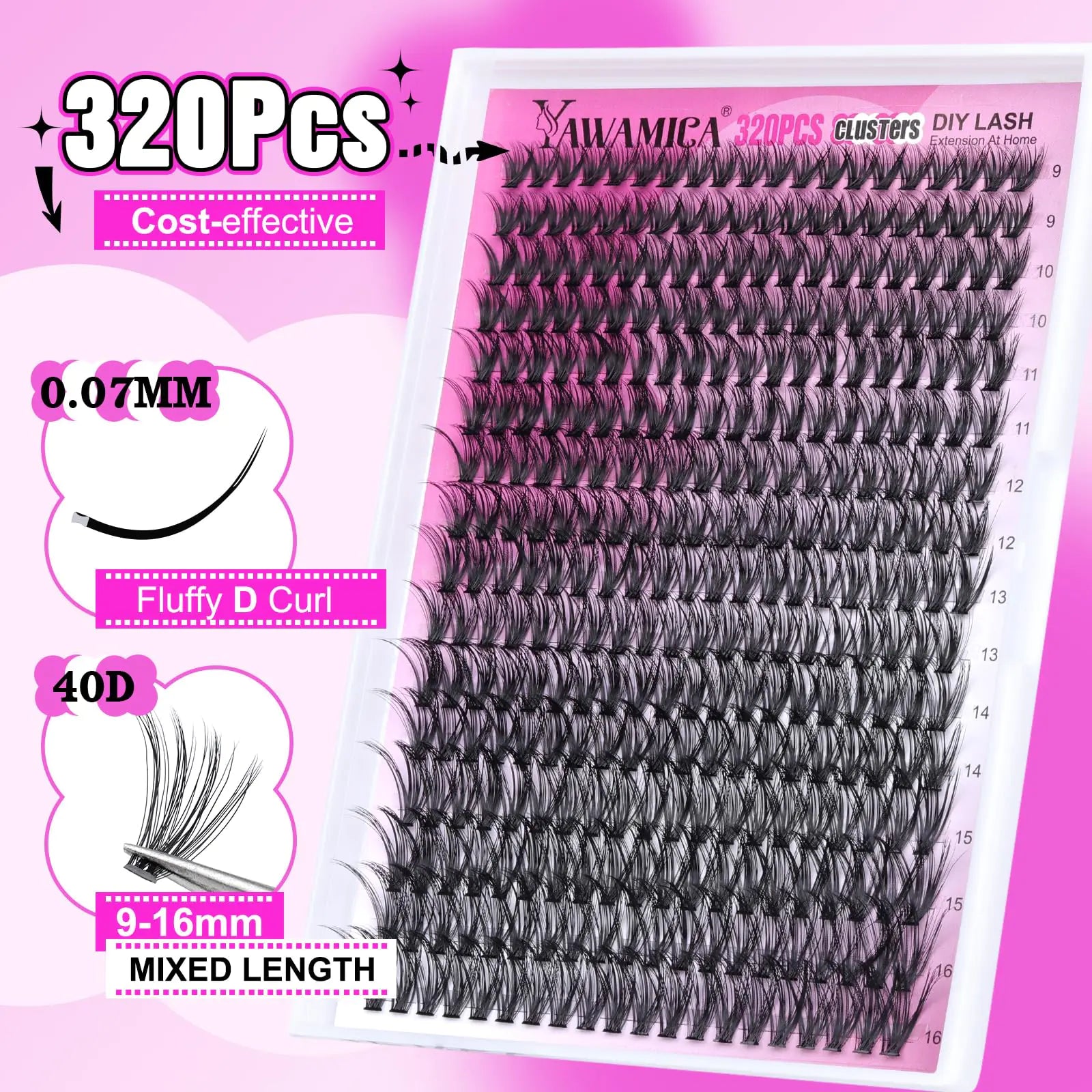 Individual Lashes 320pcs Lash Clusters 40D 9-16mm Mix DIY Lash Extension D Curl Eyelash Clusters Eyelash Extension Wispy Cluster Lashes DIY for Self Application by Yawamica (40D-0.07D, 9-16mix) 40D-Lashes